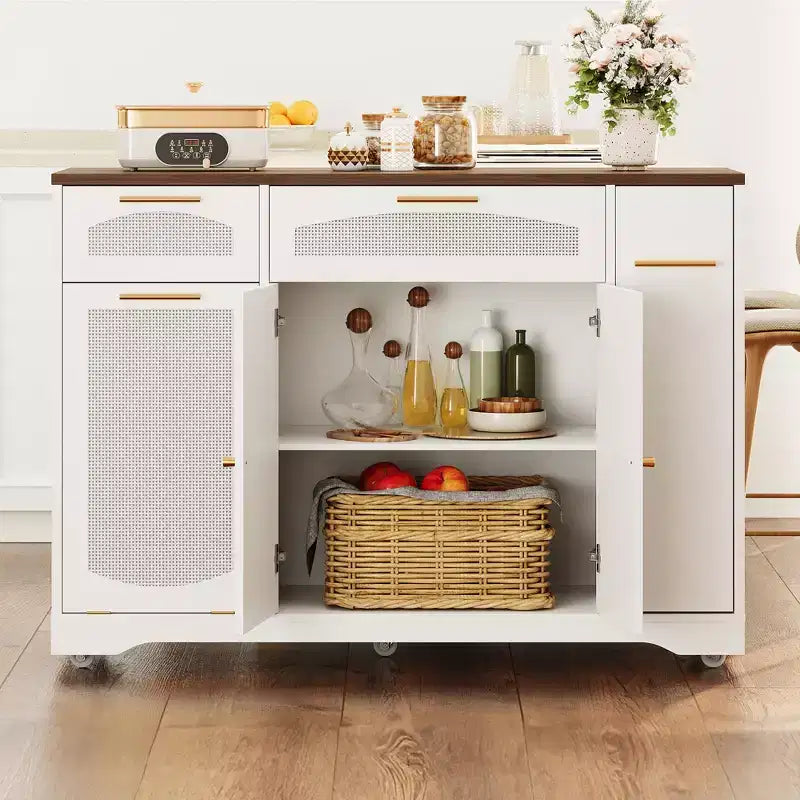 Garvee Rolling Kitchen Island Table on Wheels with Drop Leaf, Tilt Out Trash Can Cabinet, Storage Cabinet, Drawer, Spice Rack, Kitchen Cart