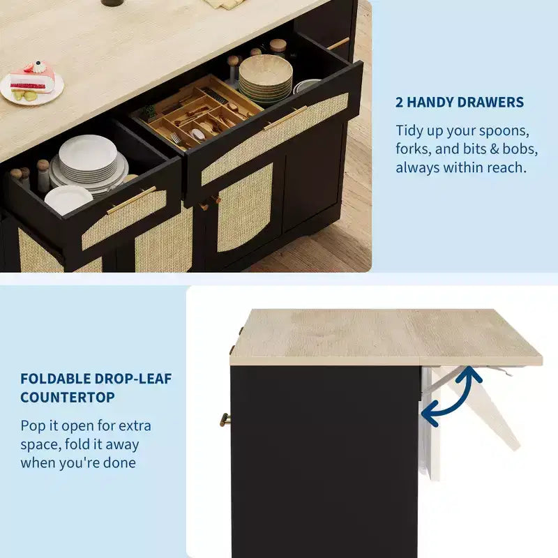 Garvee Rolling Kitchen Island Table on Wheels with Drop Leaf, Tilt Out Trash Can Cabinet, Storage Cabinet, Drawer, Spice Rack, Kitchen Cart