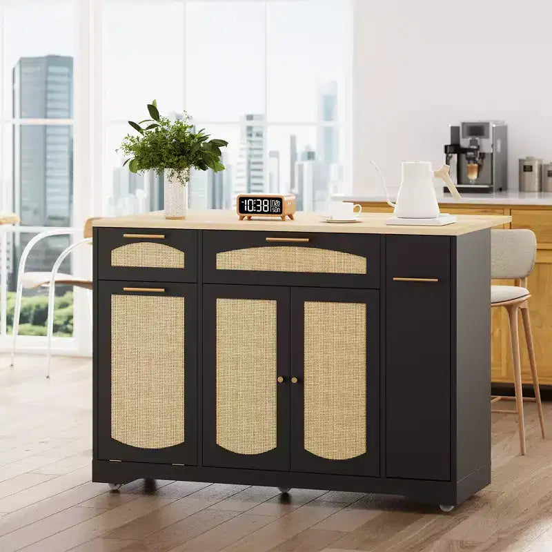 Garvee Rolling Kitchen Island Table on Wheels with Drop Leaf, Tilt Out Trash Can Cabinet, Storage Cabinet, Drawer, Spice Rack, Kitchen Cart