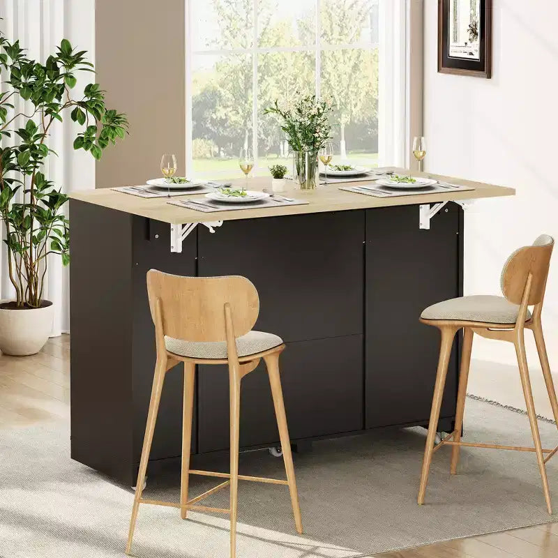 Garvee Rolling Kitchen Island Table on Wheels with Drop Leaf, Tilt Out Trash Can Cabinet, Storage Cabinet, Drawer, Spice Rack, Kitchen Cart