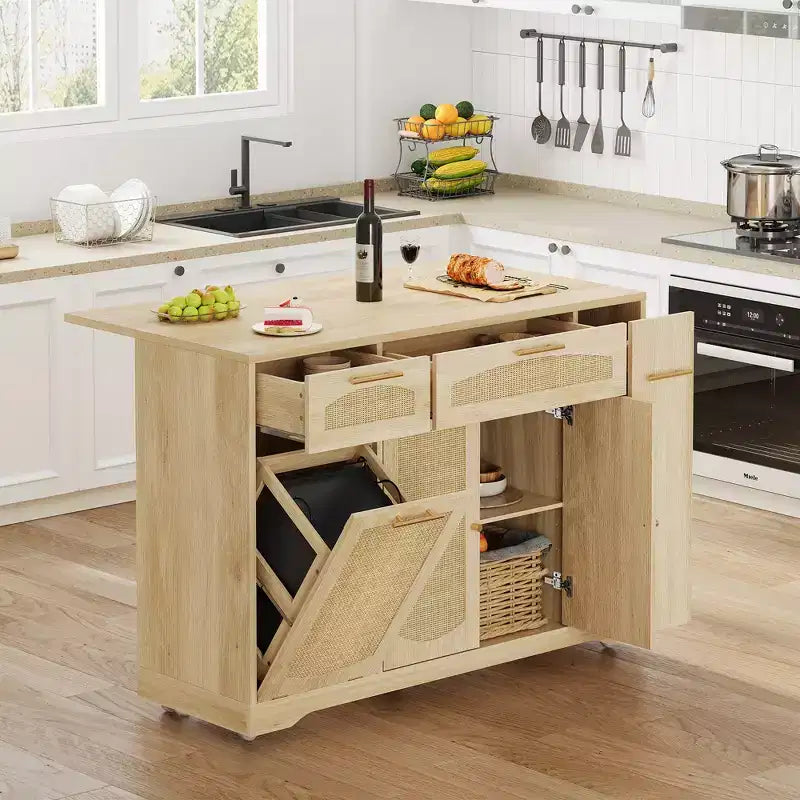 Garvee Rolling Kitchen Island Table on Wheels with Drop Leaf, Tilt Out Trash Can Cabinet, Storage Cabinet, Drawer, Spice Rack, Kitchen Cart