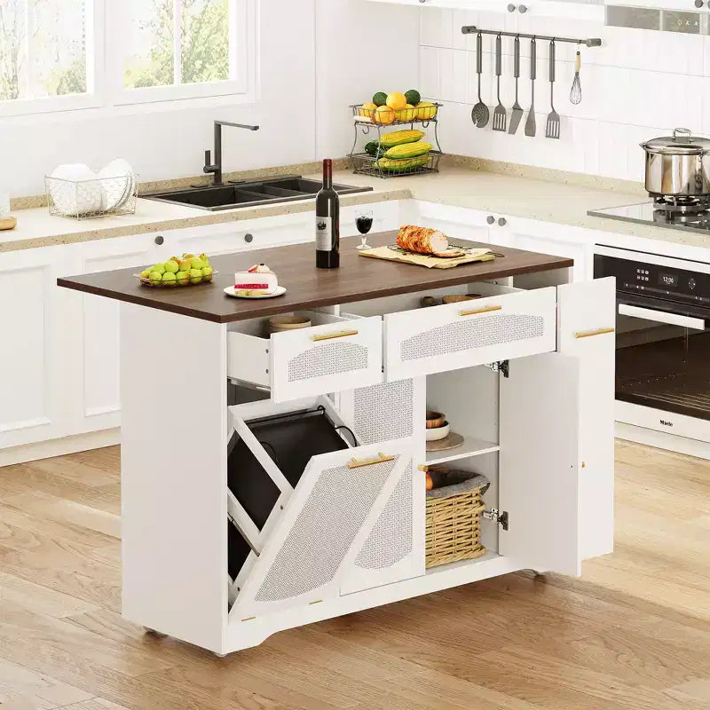 Garvee Rolling Kitchen Island Table on Wheels with Drop Leaf, Tilt Out Trash Can Cabinet, Storage Cabinet, Drawer, Spice Rack, Kitchen Cart