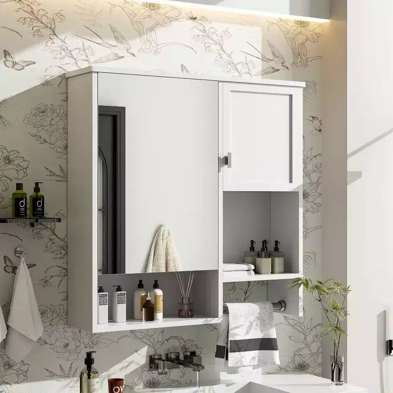 MAYEERTY 27.84 Modern Wall Mounted Bathroom Medicine Cabinet, Bathroom Wall Storage Cabinet with Mirror Towels Bar White