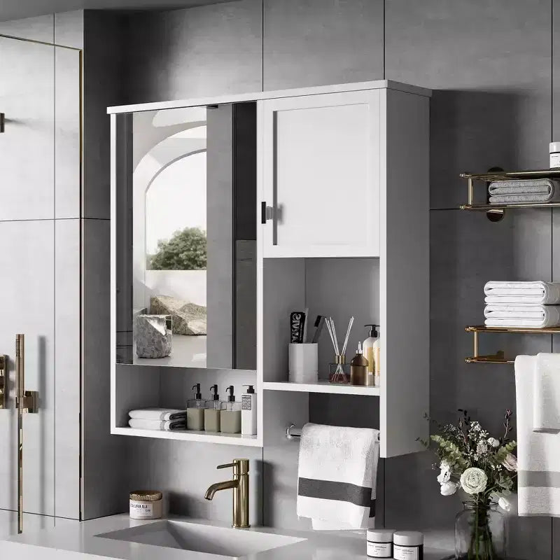 MAYEERTY 27.84 Modern Wall Mounted Bathroom Medicine Cabinet, Bathroom Wall Storage Cabinet with Mirror Towels Bar White