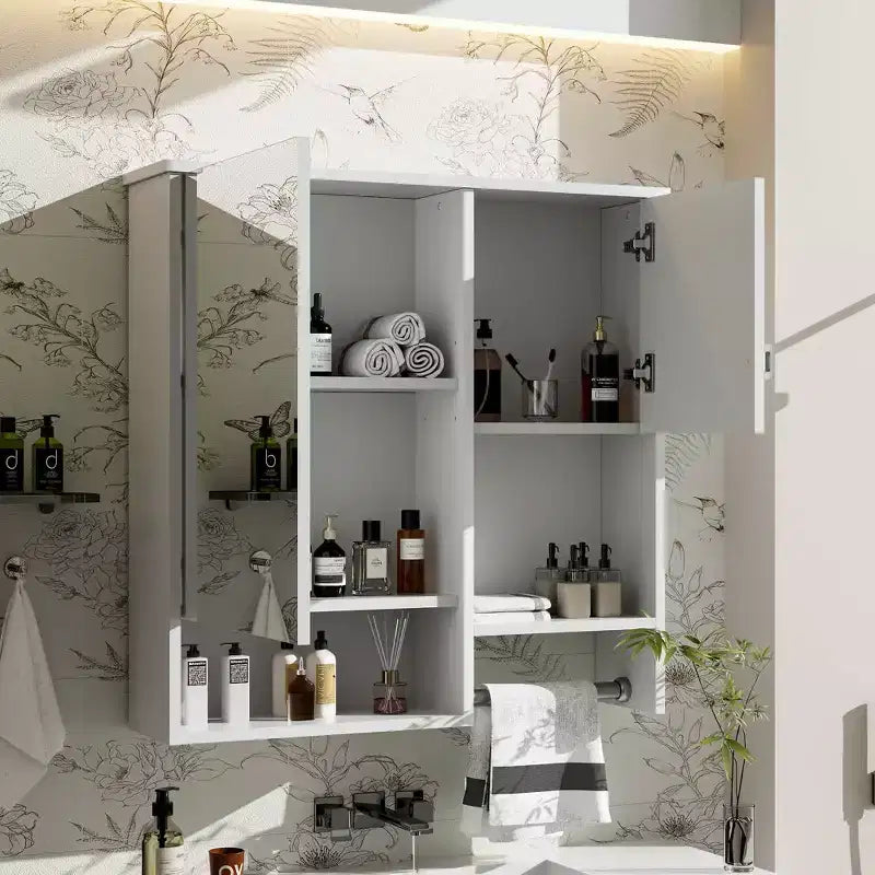 MAYEERTY 27.84 Modern Wall Mounted Bathroom Medicine Cabinet, Bathroom Wall Storage Cabinet with Mirror Towels Bar White