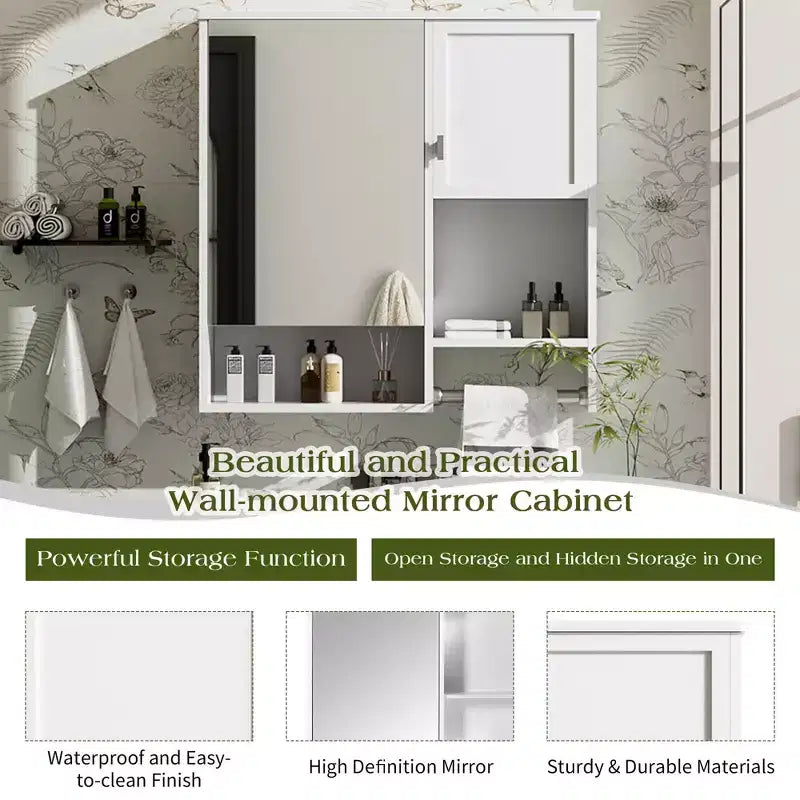 MAYEERTY 27.84 Modern Wall Mounted Bathroom Medicine Cabinet, Bathroom Wall Storage Cabinet with Mirror Towels Bar White