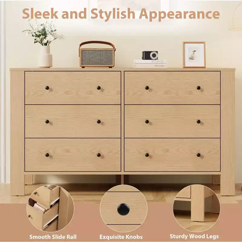 Modern 6-Drawer Wide Dresser | Wooden Storage Organizer Chest for Bedroom, Entryway, Hallway & Home Office | Multi-Functional Furniture