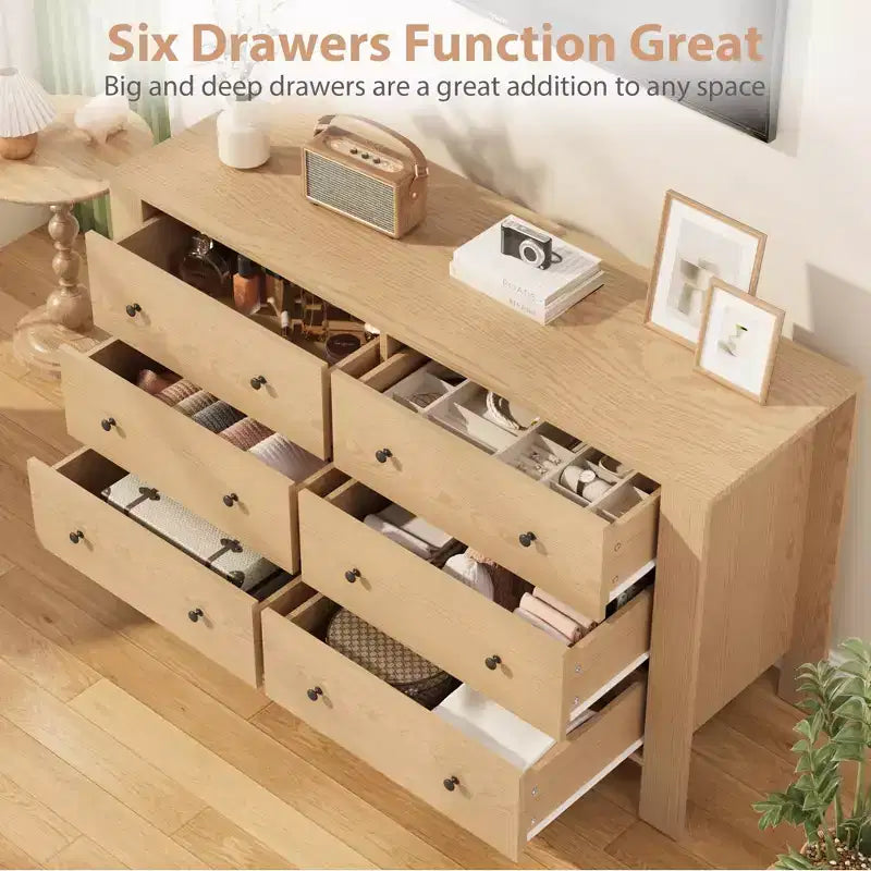 Modern 6-Drawer Wide Dresser | Wooden Storage Organizer Chest for Bedroom, Entryway, Hallway & Home Office | Multi-Functional Furniture