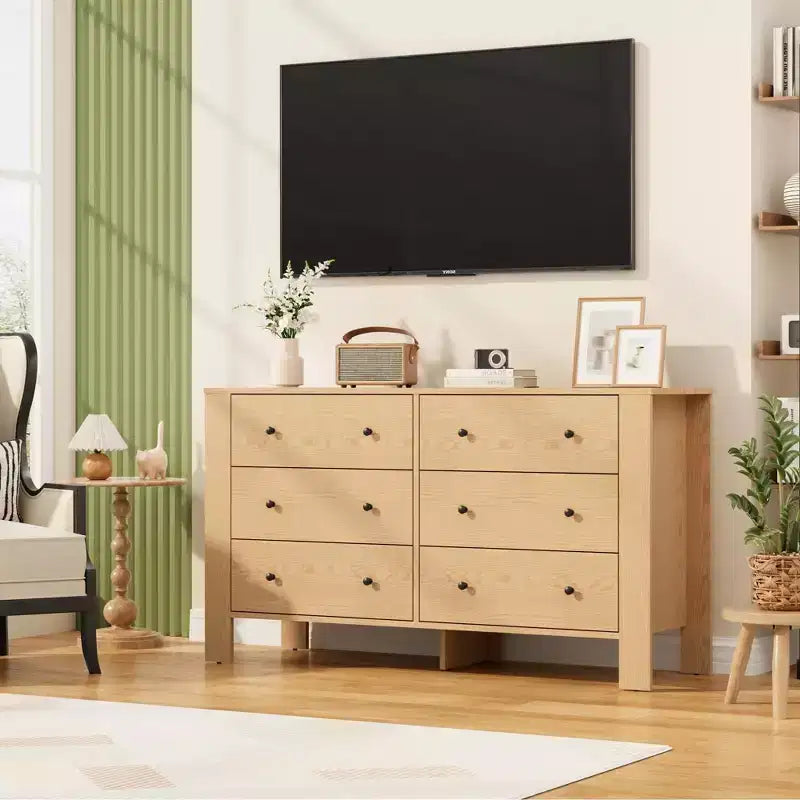 Modern 6-Drawer Wide Dresser | Wooden Storage Organizer Chest for Bedroom, Entryway, Hallway & Home Office | Multi-Functional Furniture