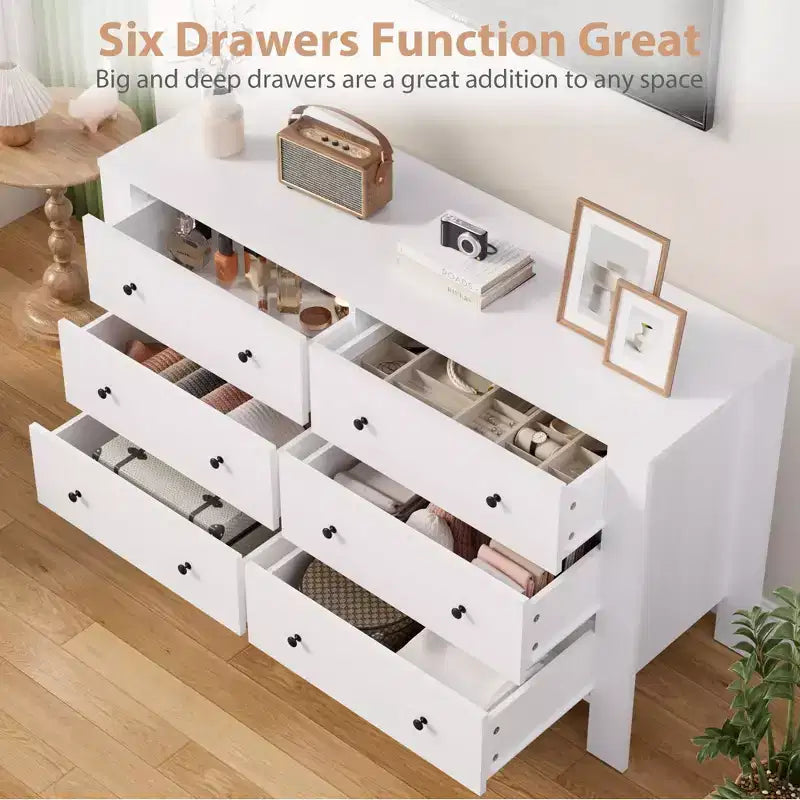 Modern 6-Drawer Wide Dresser | Wooden Storage Organizer Chest for Bedroom, Entryway, Hallway & Home Office | Multi-Functional Furniture