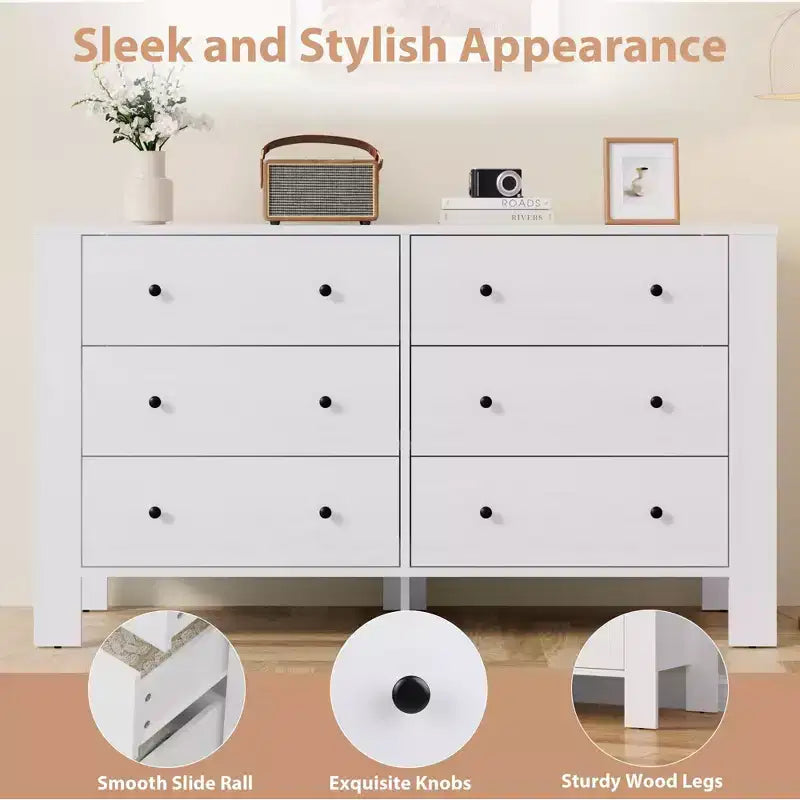 Modern 6-Drawer Wide Dresser | Wooden Storage Organizer Chest for Bedroom, Entryway, Hallway & Home Office | Multi-Functional Furniture