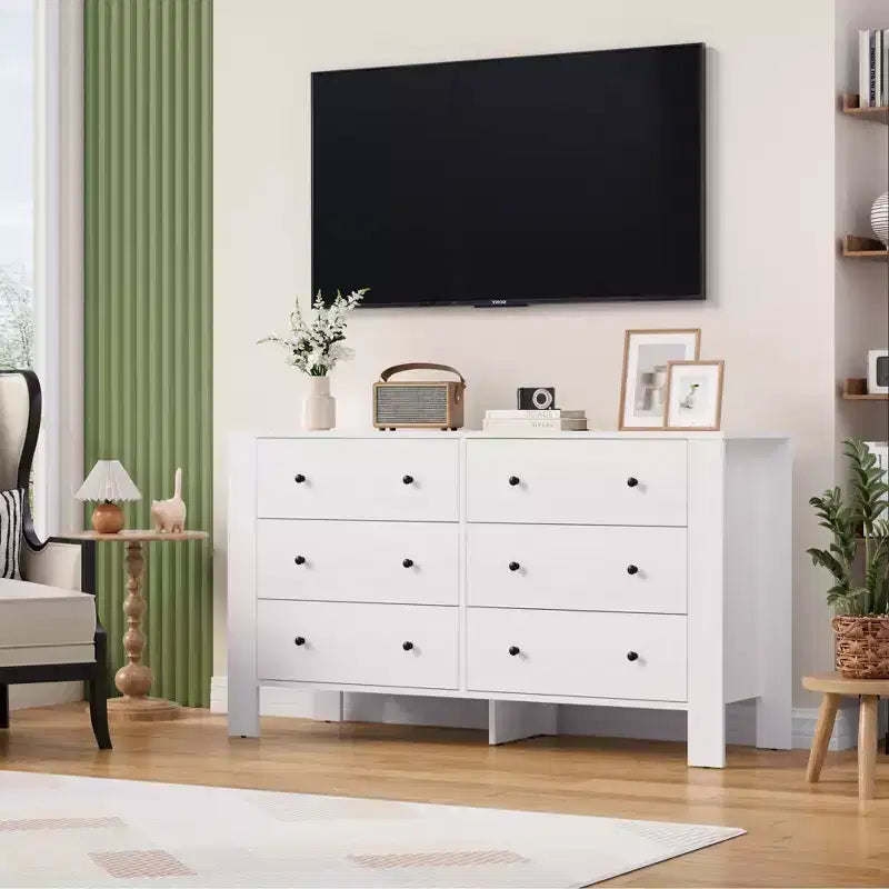Modern 6-Drawer Wide Dresser | Wooden Storage Organizer Chest for Bedroom, Entryway, Hallway & Home Office | Multi-Functional Furniture