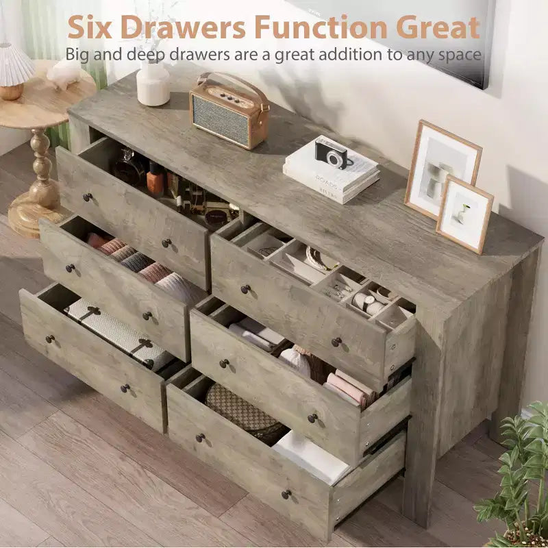 Modern 6-Drawer Wide Dresser | Wooden Storage Organizer Chest for Bedroom, Entryway, Hallway & Home Office | Multi-Functional Furniture