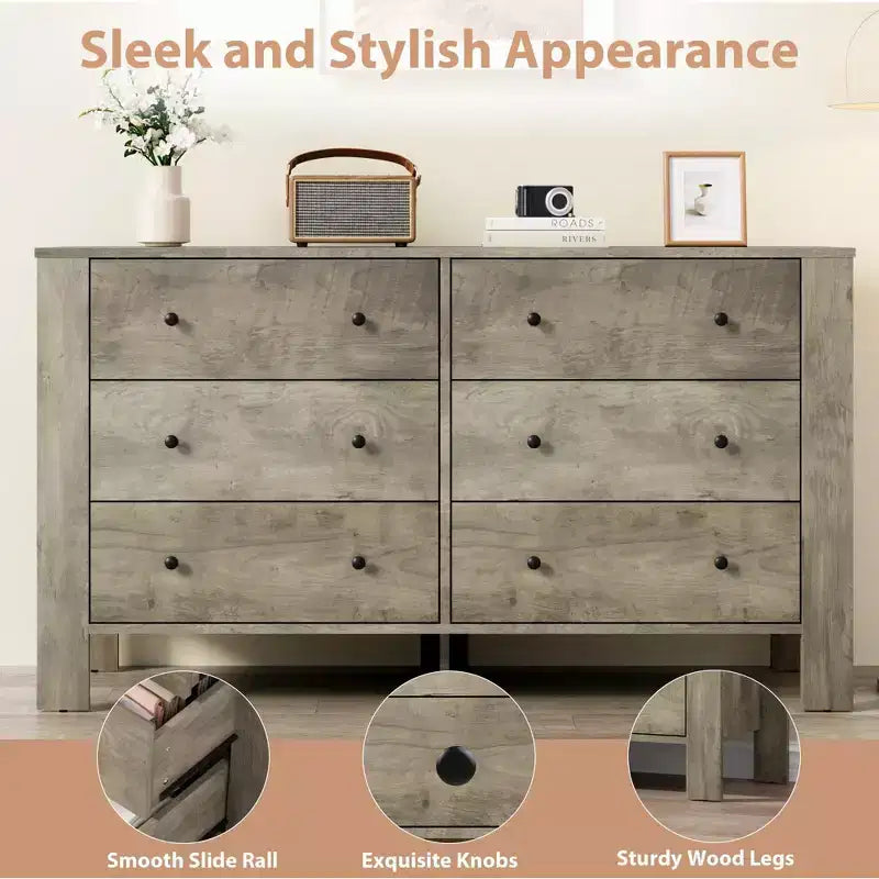 Modern 6-Drawer Wide Dresser | Wooden Storage Organizer Chest for Bedroom, Entryway, Hallway & Home Office | Multi-Functional Furniture