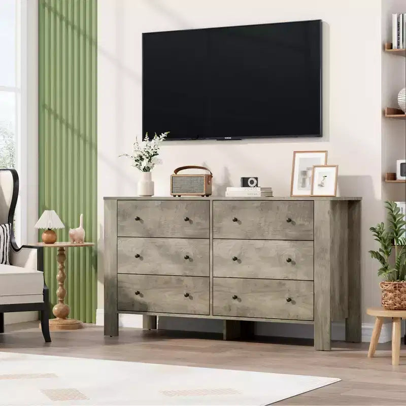 Modern 6-Drawer Wide Dresser | Wooden Storage Organizer Chest for Bedroom, Entryway, Hallway & Home Office | Multi-Functional Furniture