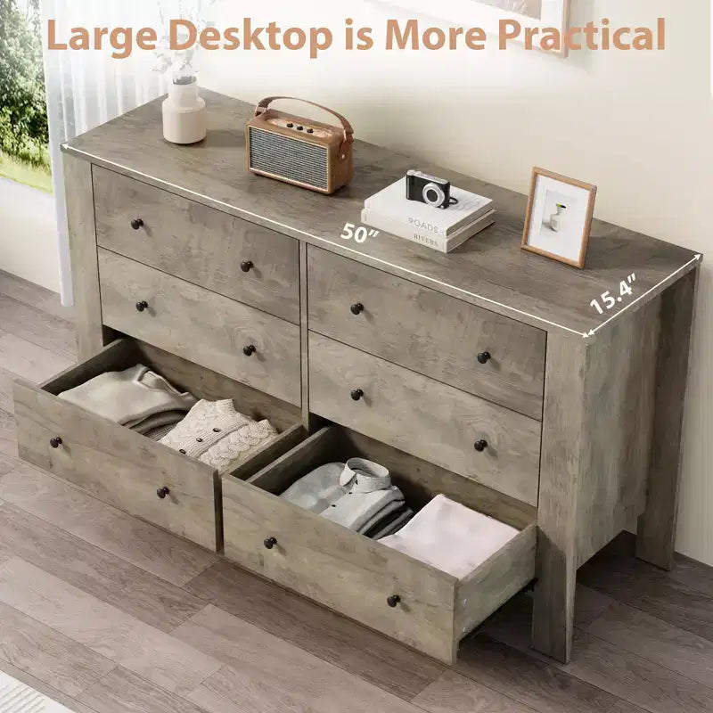 Modern 6-Drawer Wide Dresser | Wooden Storage Organizer Chest for Bedroom, Entryway, Hallway & Home Office | Multi-Functional Furniture