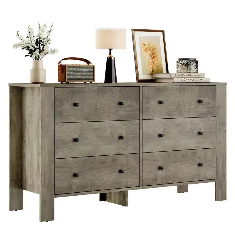 Modern 6-Drawer Wide Dresser | Wooden Storage Organizer Chest for Bedroom, Entryway, Hallway & Home Office | Multi-Functional Furniture