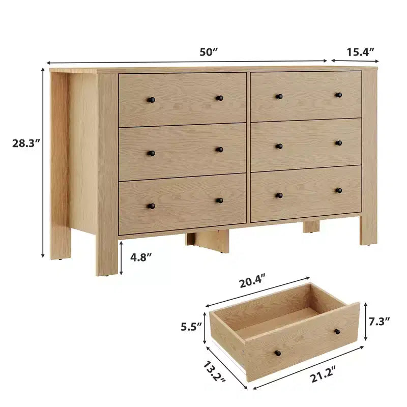 Modern 6-Drawer Wide Dresser | Wooden Storage Organizer Chest for Bedroom, Entryway, Hallway & Home Office | Multi-Functional Furniture