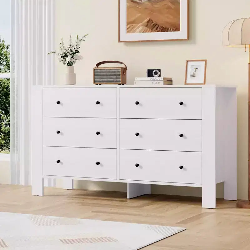 Modern 6-Drawer Wide Dresser | Wooden Storage Organizer Chest for Bedroom, Entryway, Hallway & Home Office | Multi-Functional Furniture