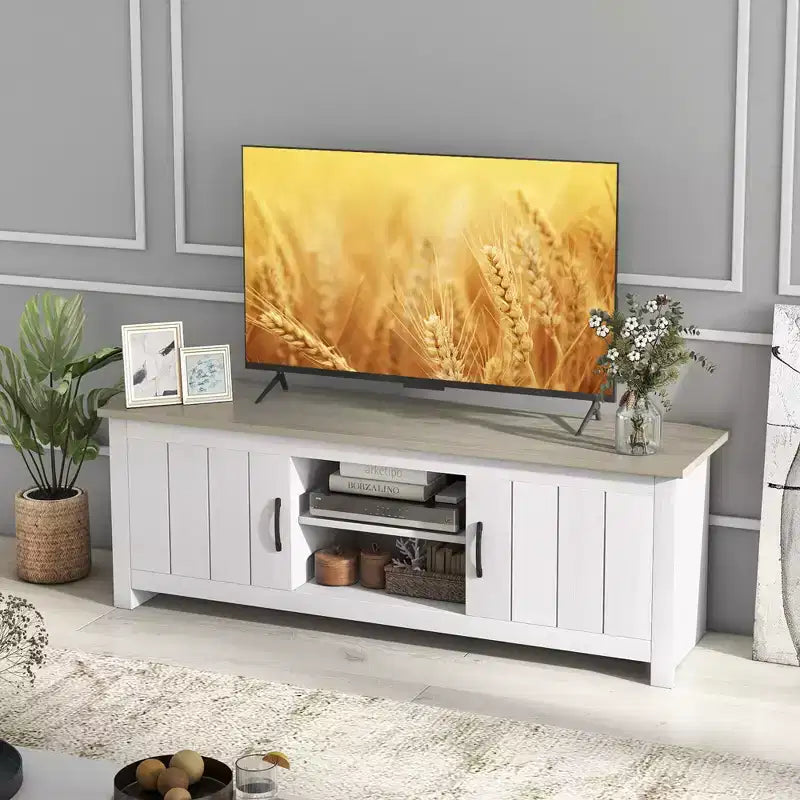 Costway Farmhouse TV Stand for TVs up to 65 Media Console Center w/ Doors Cubbies