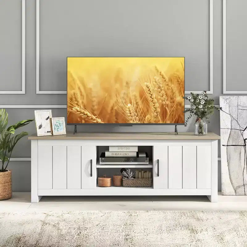 Costway Farmhouse TV Stand for TVs up to 65 Media Console Center w/ Doors Cubbies