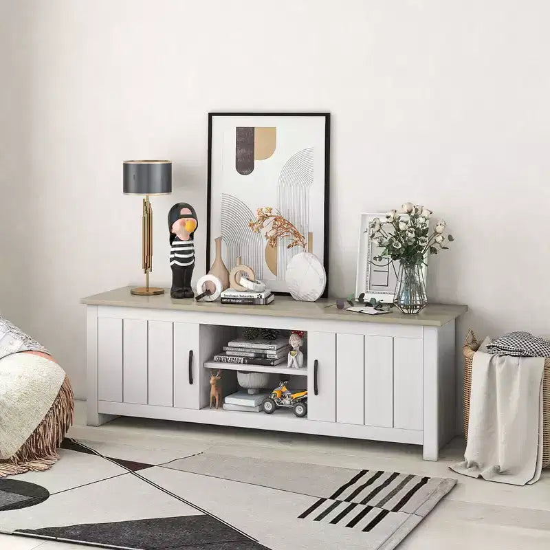 Costway Farmhouse TV Stand for TVs up to 65 Media Console Center w/ Doors Cubbies