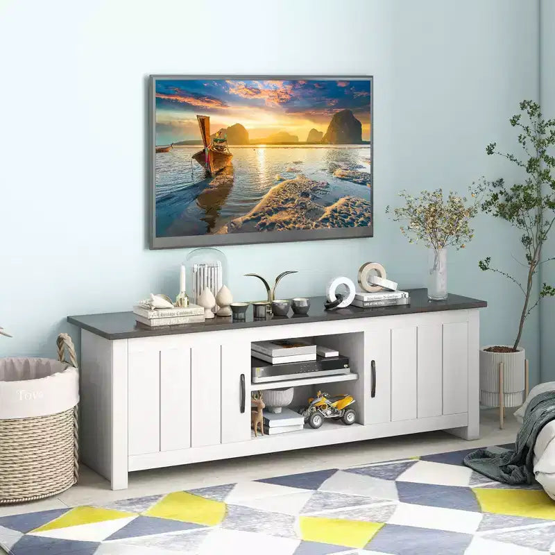 Costway Farmhouse TV Stand for TVs up to 65 Media Console Center w/ Doors Cubbies