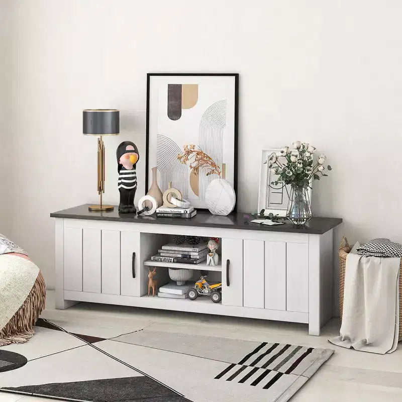 Costway Farmhouse TV Stand for TVs up to 65 Media Console Center w/ Doors Cubbies