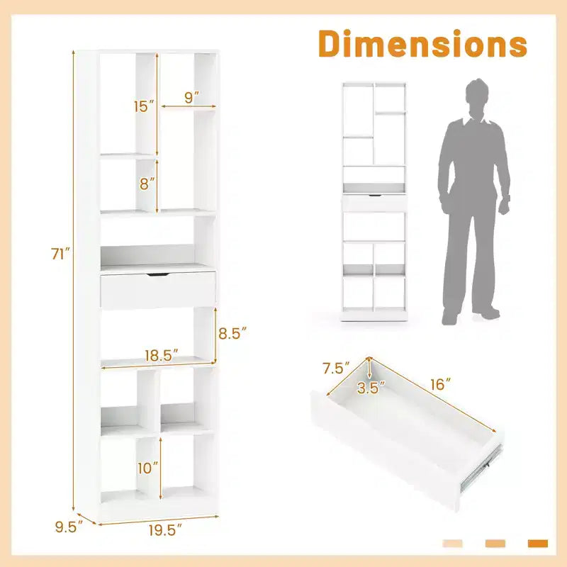 Costway 2PCS 71 Tall Bookcase w/ Drawer Modern Bookshelf w/ 10 Open Cubes Display Rack