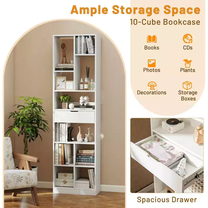Costway 2PCS 71 Tall Bookcase w/ Drawer Modern Bookshelf w/ 10 Open Cubes Display Rack