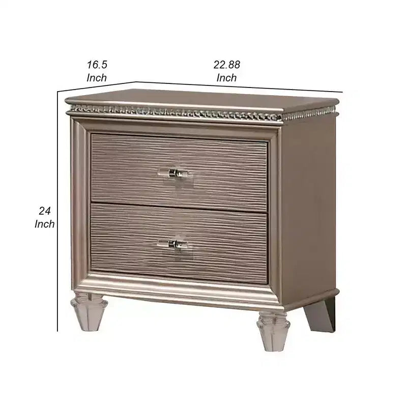 Royal Hampton 24 Inch Nightstand, 2 Drawers, Textured Drawer Panels, Gold Finish