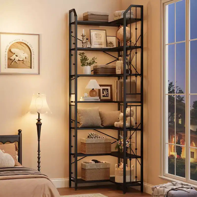 Garvee Corner Bookshelf Industrial Corner Bookcase, l Shaped Bookshelf 5 Tier/7 Tier Corner Shelf with Beaded Design and Adjustable Feet