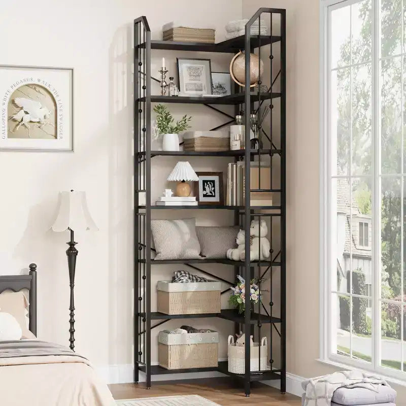 Garvee Corner Bookshelf Industrial Corner Bookcase, l Shaped Bookshelf 5 Tier/7 Tier Corner Shelf with Beaded Design and Adjustable Feet