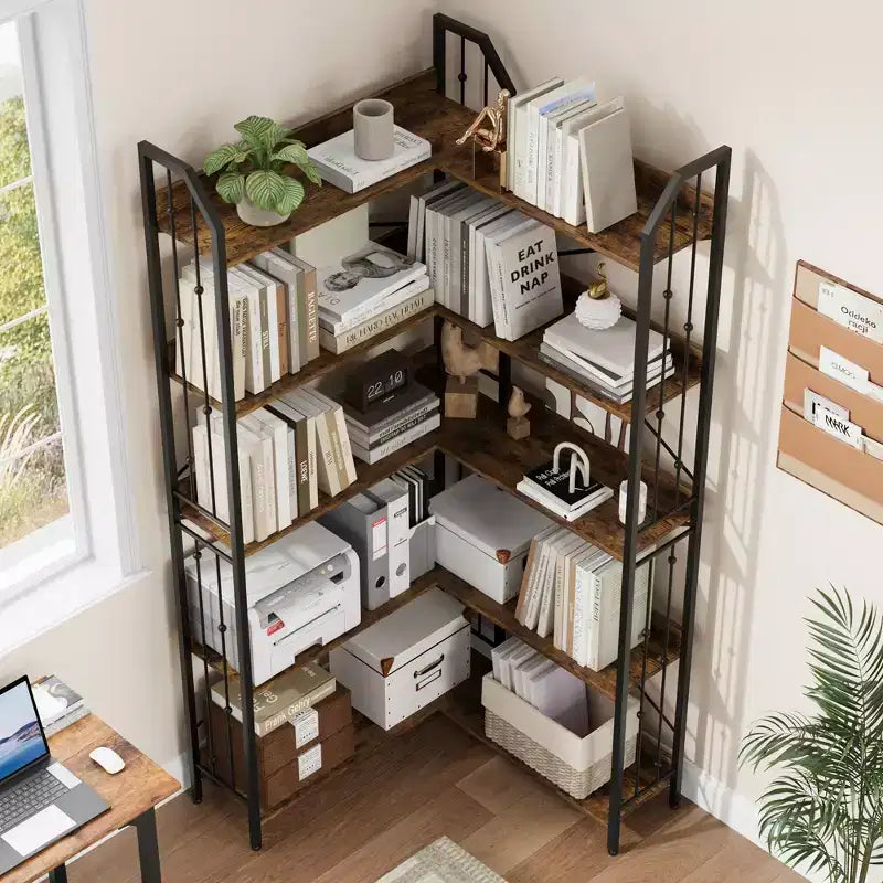 Garvee Corner Bookshelf Industrial Corner Bookcase, l Shaped Bookshelf 5 Tier/7 Tier Corner Shelf with Beaded Design and Adjustable Feet