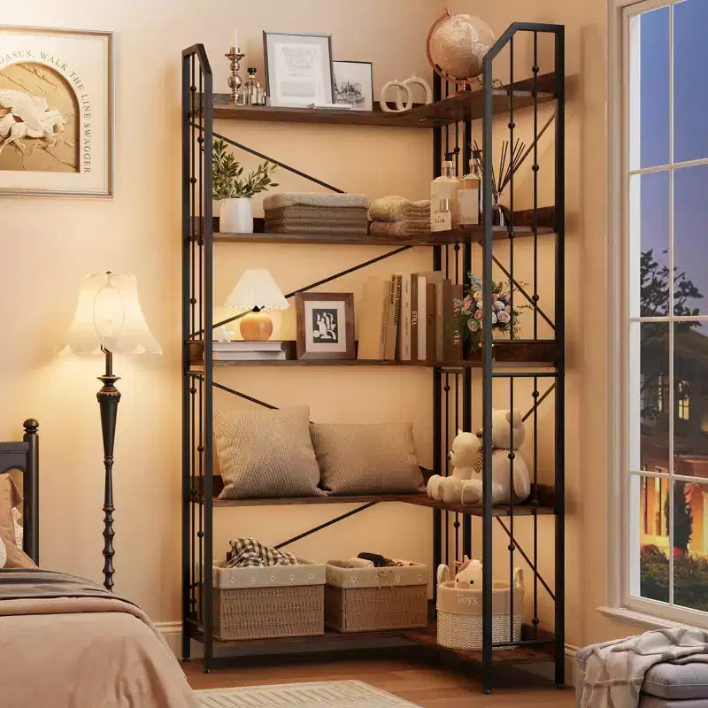 Garvee Corner Bookshelf Industrial Corner Bookcase, l Shaped Bookshelf 5 Tier/7 Tier Corner Shelf with Beaded Design and Adjustable Feet
