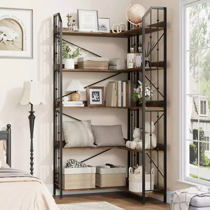 Garvee Corner Bookshelf Industrial Corner Bookcase, l Shaped Bookshelf 5 Tier/7 Tier Corner Shelf with Beaded Design and Adjustable Feet