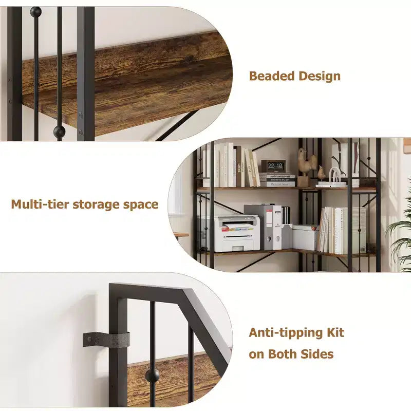 Garvee Corner Bookshelf Industrial Corner Bookcase, l Shaped Bookshelf 5 Tier/7 Tier Corner Shelf with Beaded Design and Adjustable Feet