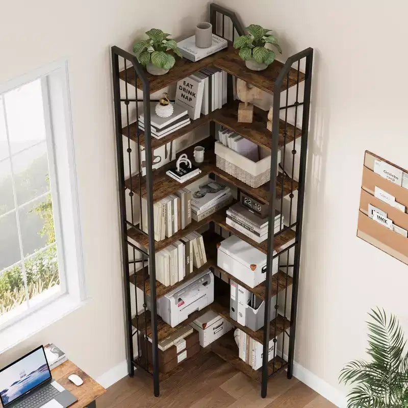 Garvee Corner Bookshelf Industrial Corner Bookcase, l Shaped Bookshelf 5 Tier/7 Tier Corner Shelf with Beaded Design and Adjustable Feet