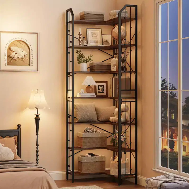 Garvee Corner Bookshelf Industrial Corner Bookcase, l Shaped Bookshelf 5 Tier/7 Tier Corner Shelf with Beaded Design and Adjustable Feet