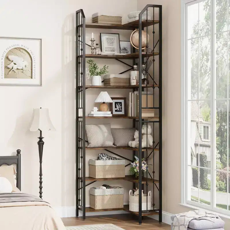 Garvee Corner Bookshelf Industrial Corner Bookcase, l Shaped Bookshelf 5 Tier/7 Tier Corner Shelf with Beaded Design and Adjustable Feet