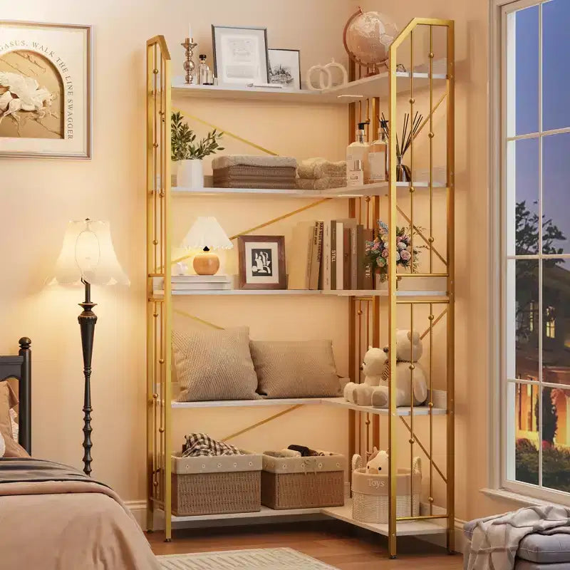 Garvee Corner Bookshelf Industrial Corner Bookcase, l Shaped Bookshelf 5 Tier/7 Tier Corner Shelf with Beaded Design and Adjustable Feet