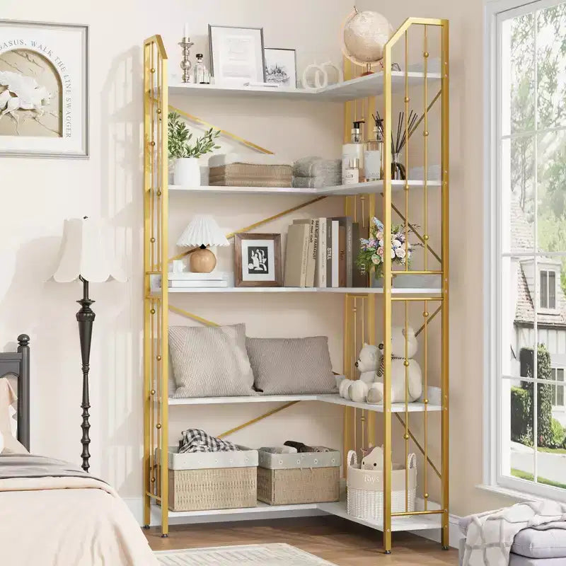 Garvee Corner Bookshelf Industrial Corner Bookcase, l Shaped Bookshelf 5 Tier/7 Tier Corner Shelf with Beaded Design and Adjustable Feet