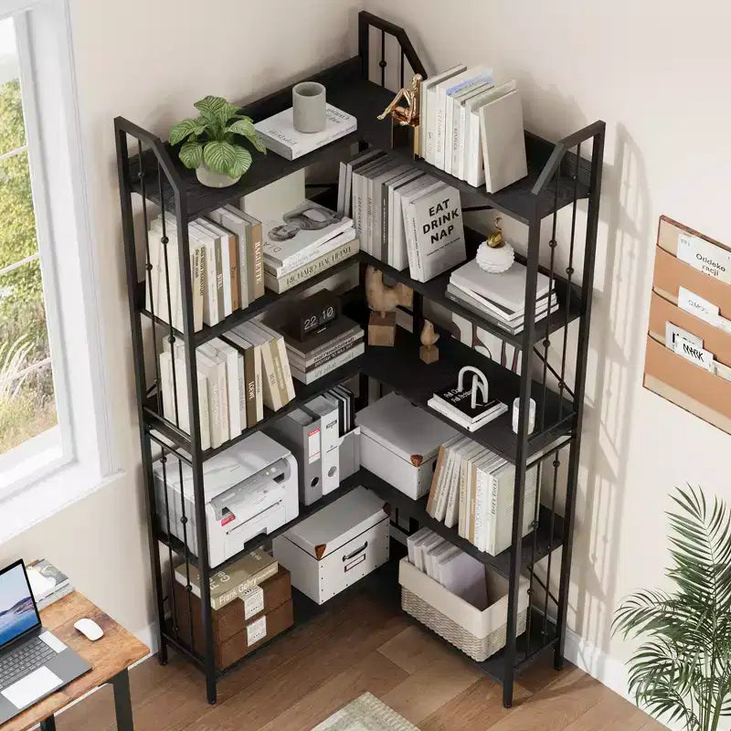 Garvee Corner Bookshelf Industrial Corner Bookcase, l Shaped Bookshelf 5 Tier/7 Tier Corner Shelf with Beaded Design and Adjustable Feet