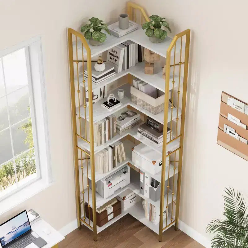 Garvee Corner Bookshelf Industrial Corner Bookcase, l Shaped Bookshelf 5 Tier/7 Tier Corner Shelf with Beaded Design and Adjustable Feet