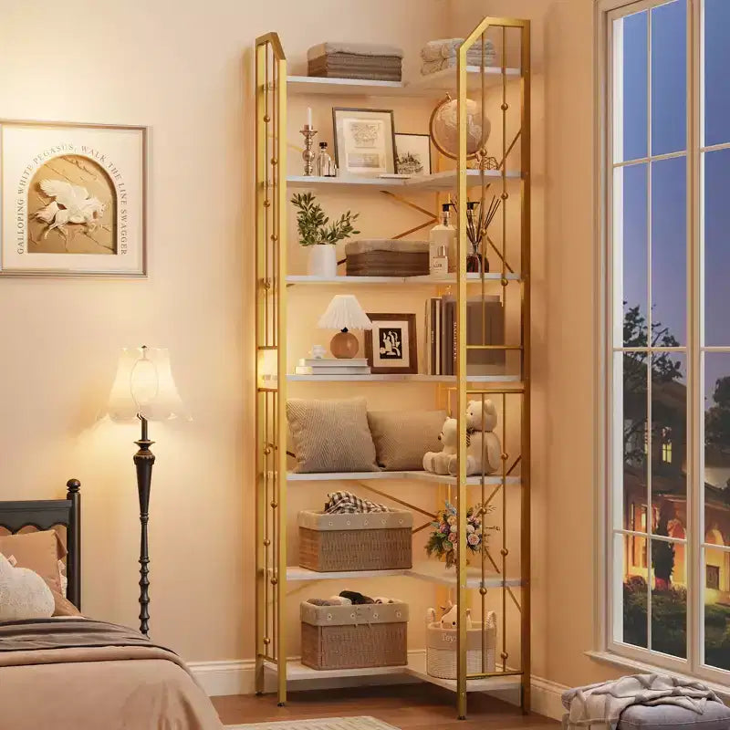 Garvee Corner Bookshelf Industrial Corner Bookcase, l Shaped Bookshelf 5 Tier/7 Tier Corner Shelf with Beaded Design and Adjustable Feet