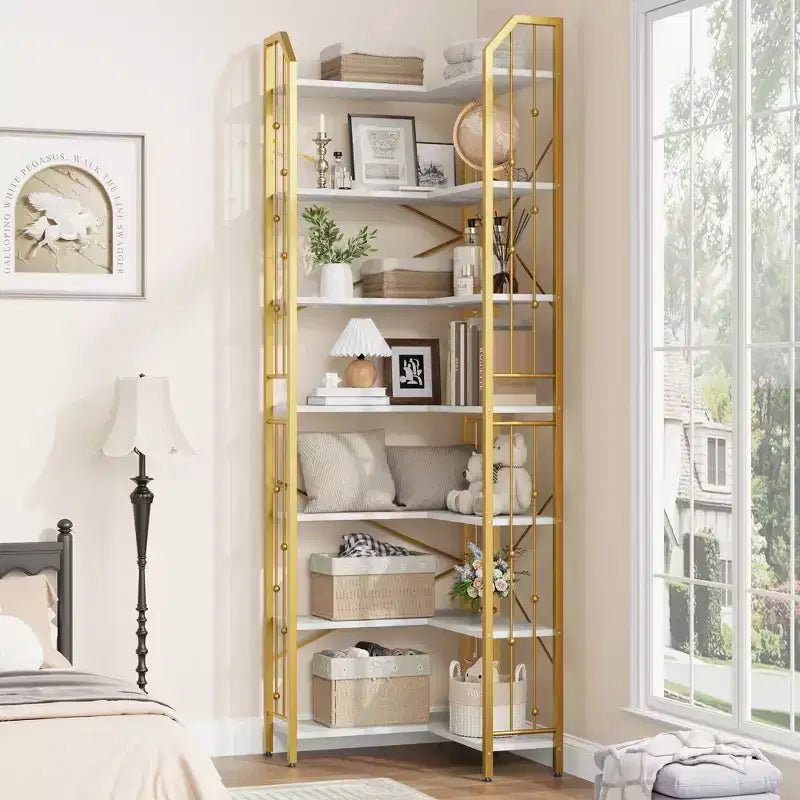 Garvee Corner Bookshelf Industrial Corner Bookcase, l Shaped Bookshelf 5 Tier/7 Tier Corner Shelf with Beaded Design and Adjustable Feet