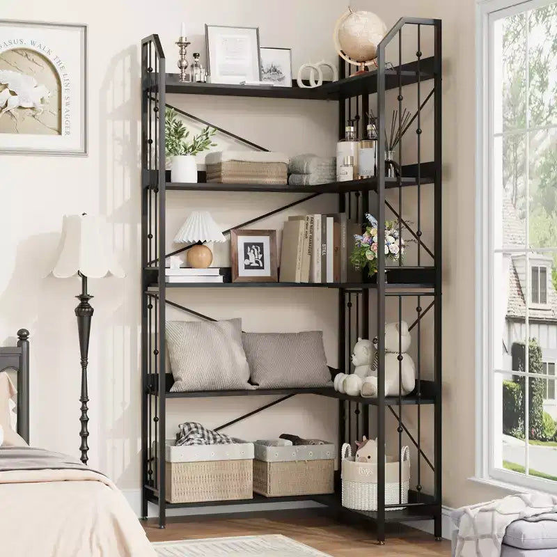 Garvee Corner Bookshelf Industrial Corner Bookcase, l Shaped Bookshelf 5 Tier/7 Tier Corner Shelf with Beaded Design and Adjustable Feet