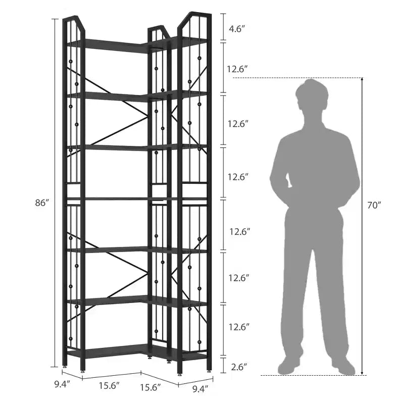 Garvee Corner Bookshelf Industrial Corner Bookcase, l Shaped Bookshelf 5 Tier/7 Tier Corner Shelf with Beaded Design and Adjustable Feet