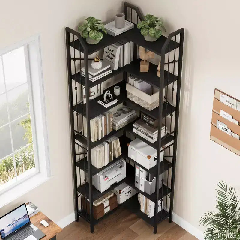 Garvee Corner Bookshelf Industrial Corner Bookcase, l Shaped Bookshelf 5 Tier/7 Tier Corner Shelf with Beaded Design and Adjustable Feet