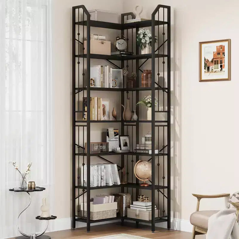 Garvee Corner Bookshelf Industrial Corner Bookcase, l Shaped Bookshelf 5 Tier/7 Tier Corner Shelf with Beaded Design and Adjustable Feet